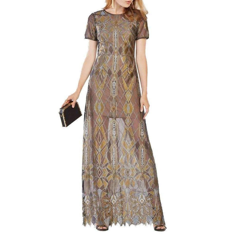 BCBGMAXAZRIA-Taliah Metallic Geometric Lace Gown - Runway Catalog
