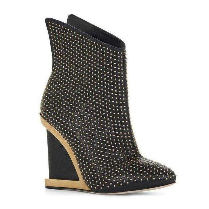BCBGMAXAZRIA-Wane Studded Black Leather Wedge Booties - Runway Catalog