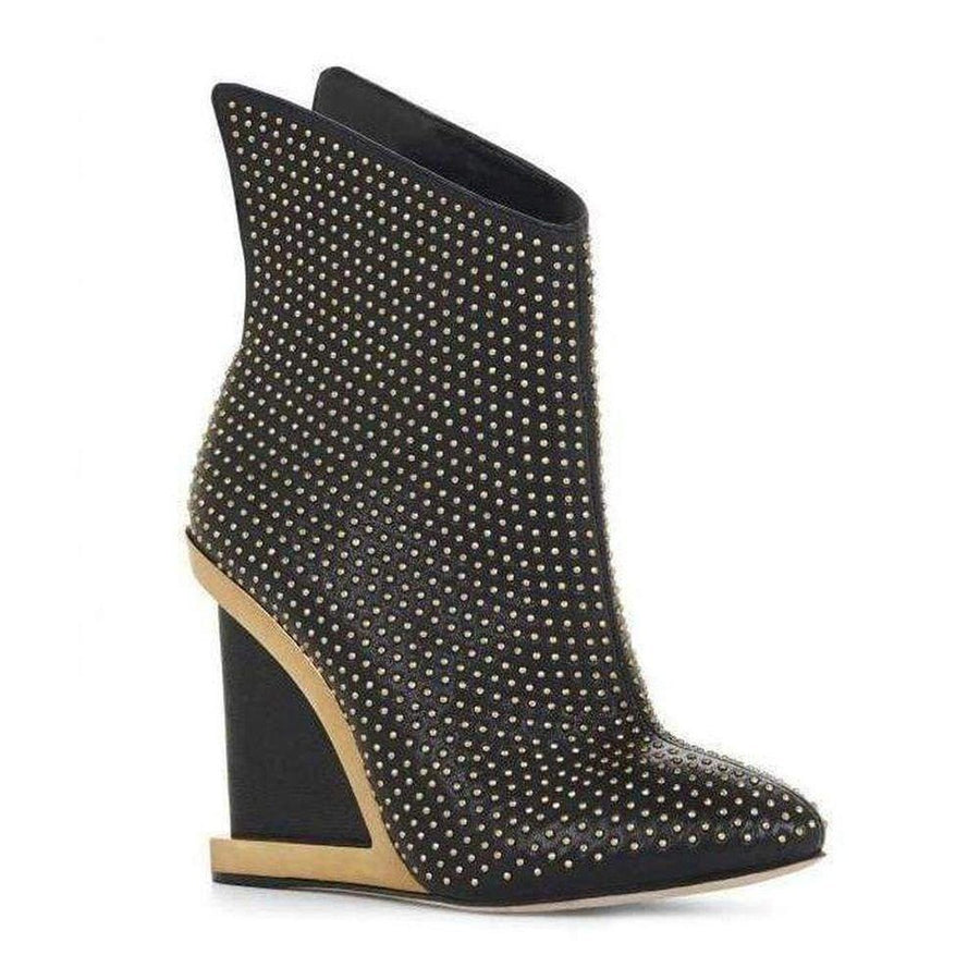 BCBGMAXAZRIA-Wane Studded Black Leather Wedge Booties - Runway Catalog