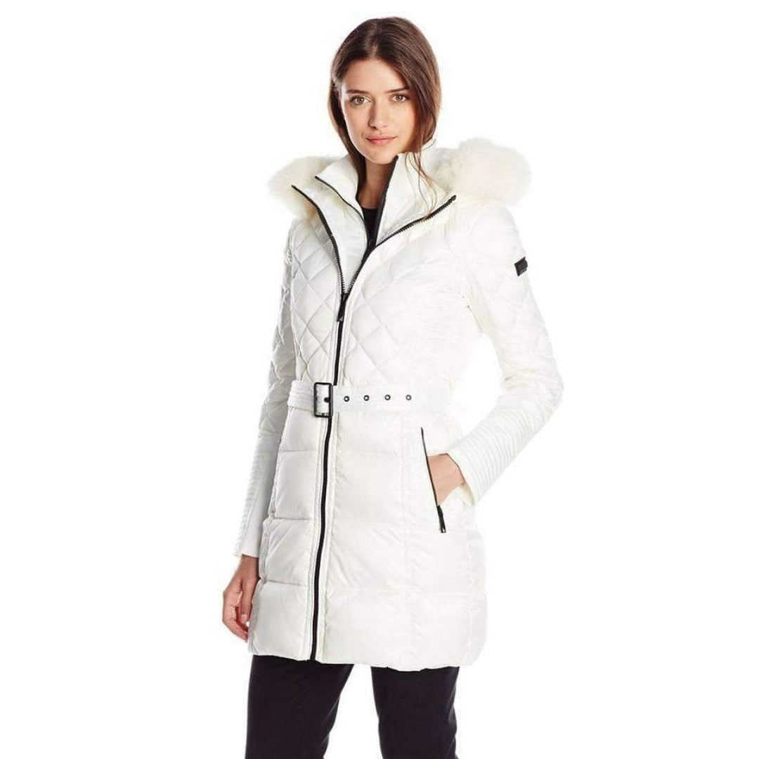 BCBGMAXAZRIA-White Belted Down Coat with Fur Hood - Runway Catalog