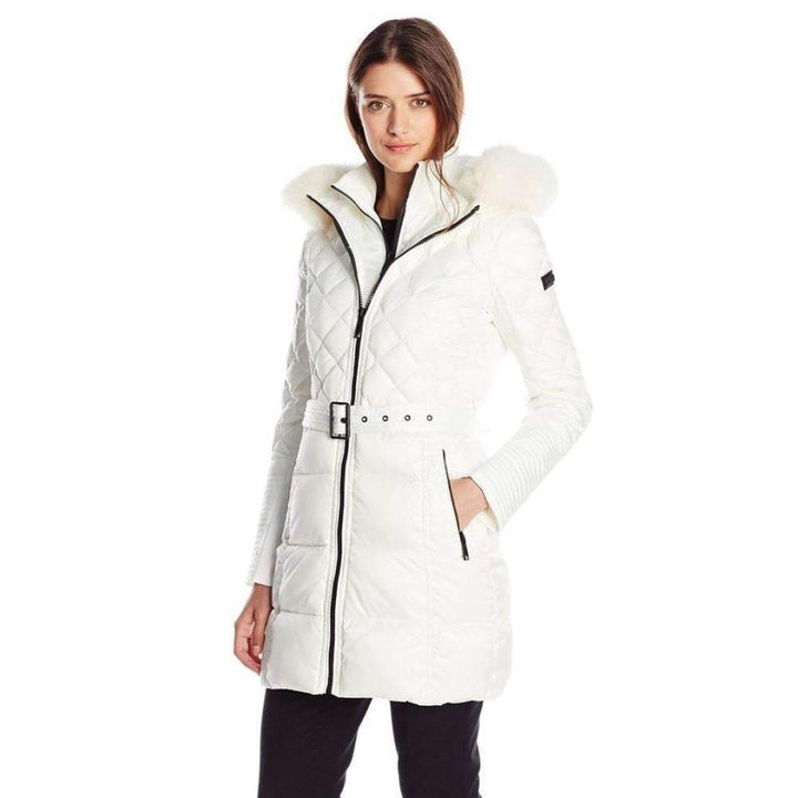 BCBGMAXAZRIA-White Belted Down Coat with Fur Hood - Runway Catalog