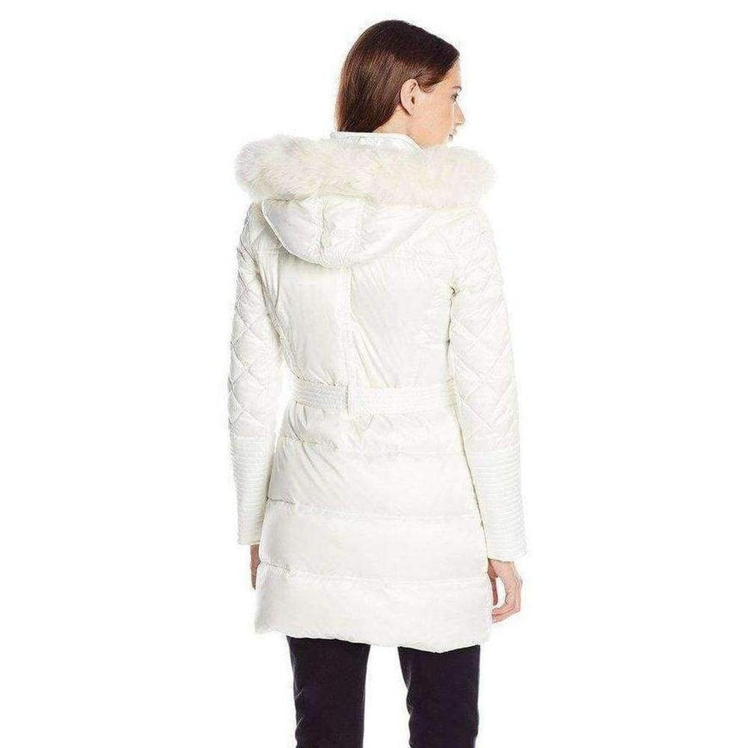 White Belted Down Coat with Fur Hood