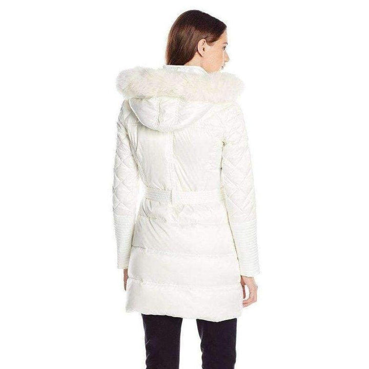 White Belted Down Coat with Fur Hood