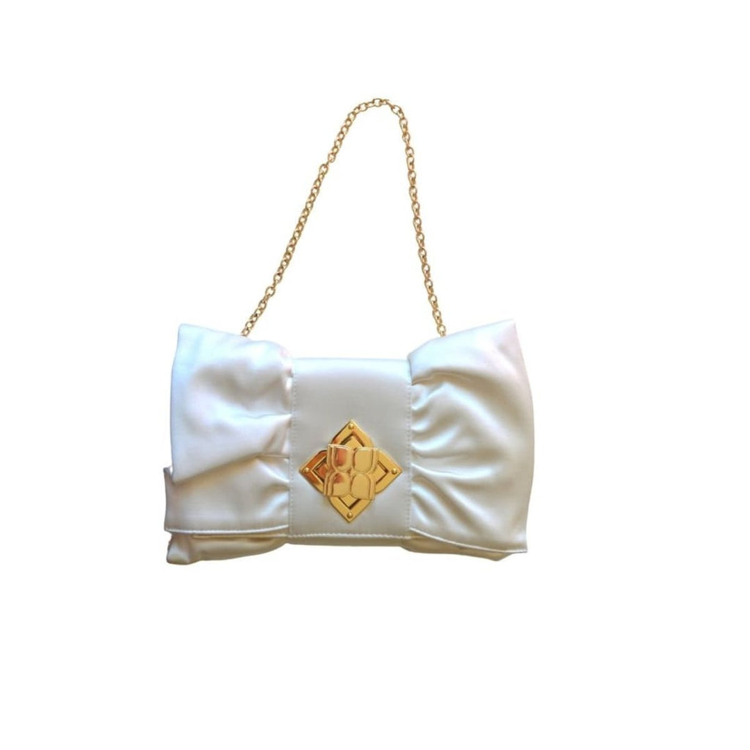 White Satin Signature Bow Ruffle Clutch