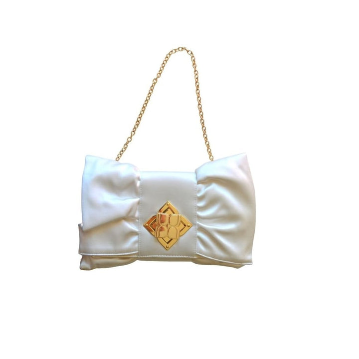 White Satin Signature Bow Ruffle Clutch