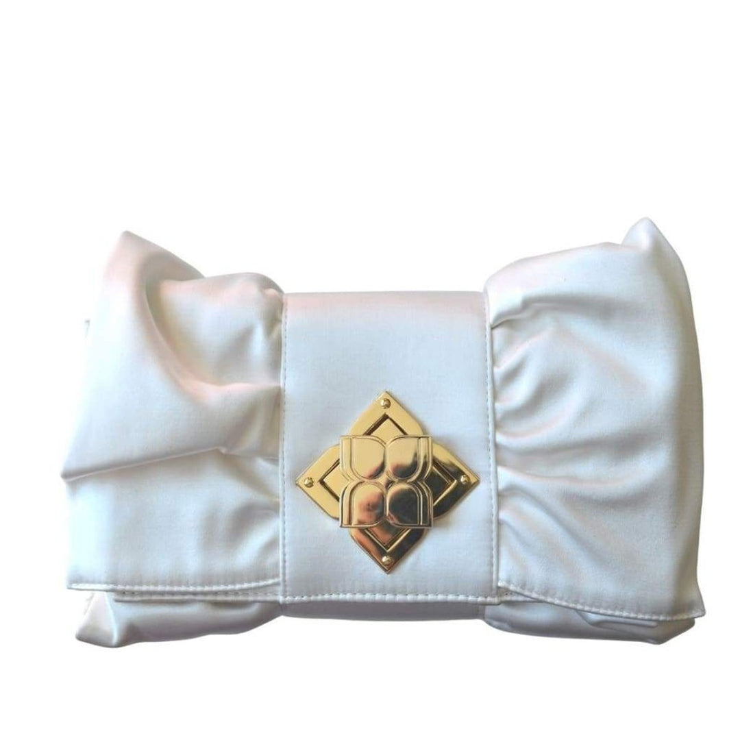 White Satin Signature Bow Ruffle Clutch