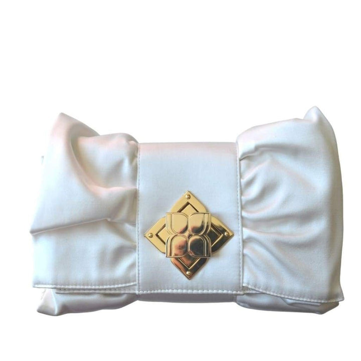 White Satin Signature Bow Ruffle Clutch