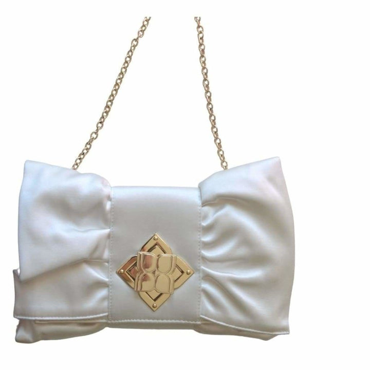 White Satin Signature Bow Ruffle Clutch