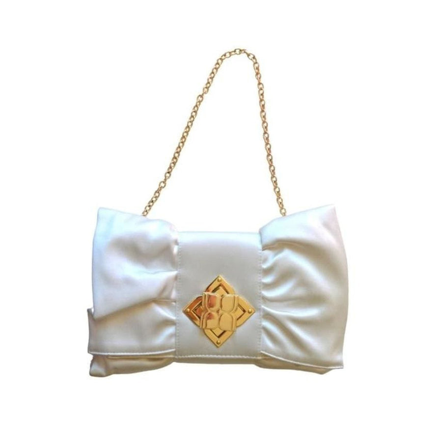 BCBGMAXAZRIA-White Satin Signature Bow Ruffle Clutch - Runway Catalog
