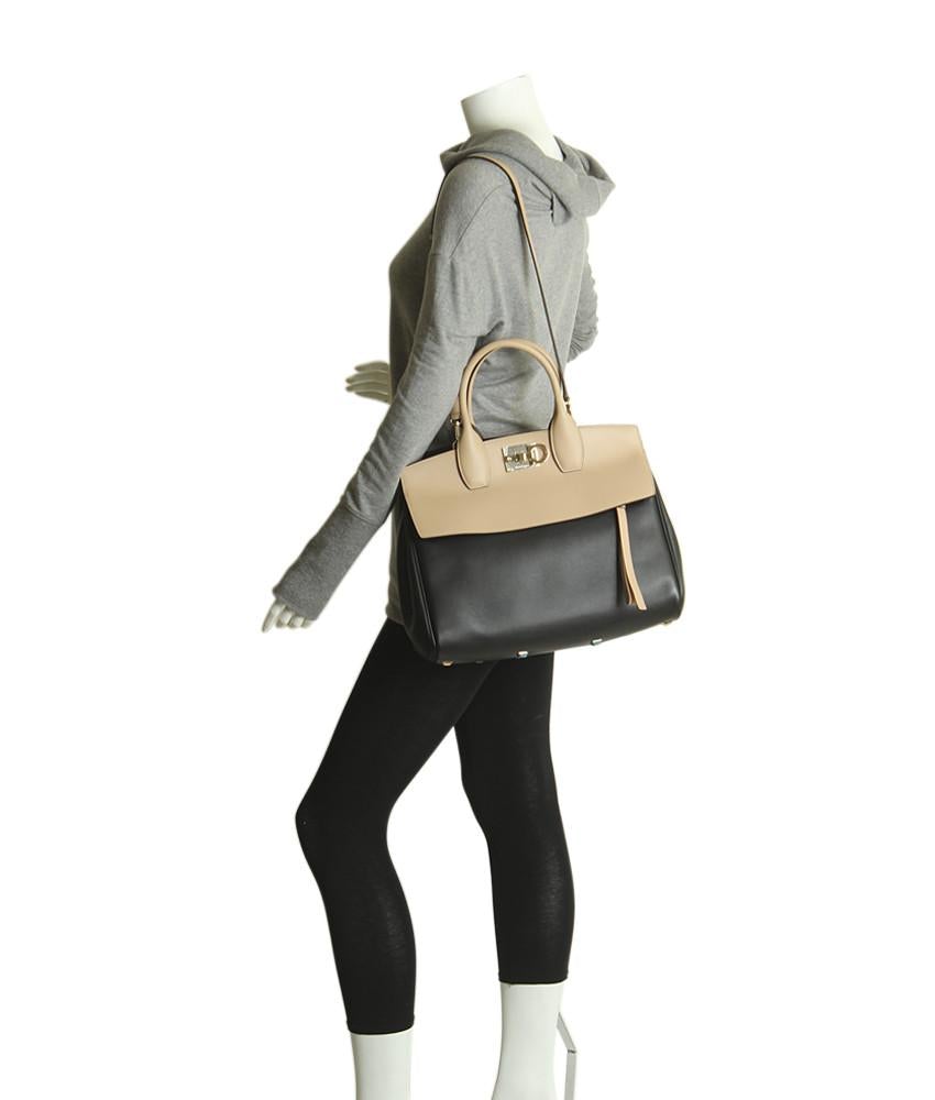 Salvatore Ferragamo Studio Black & Beige Leather Shoulder Bag