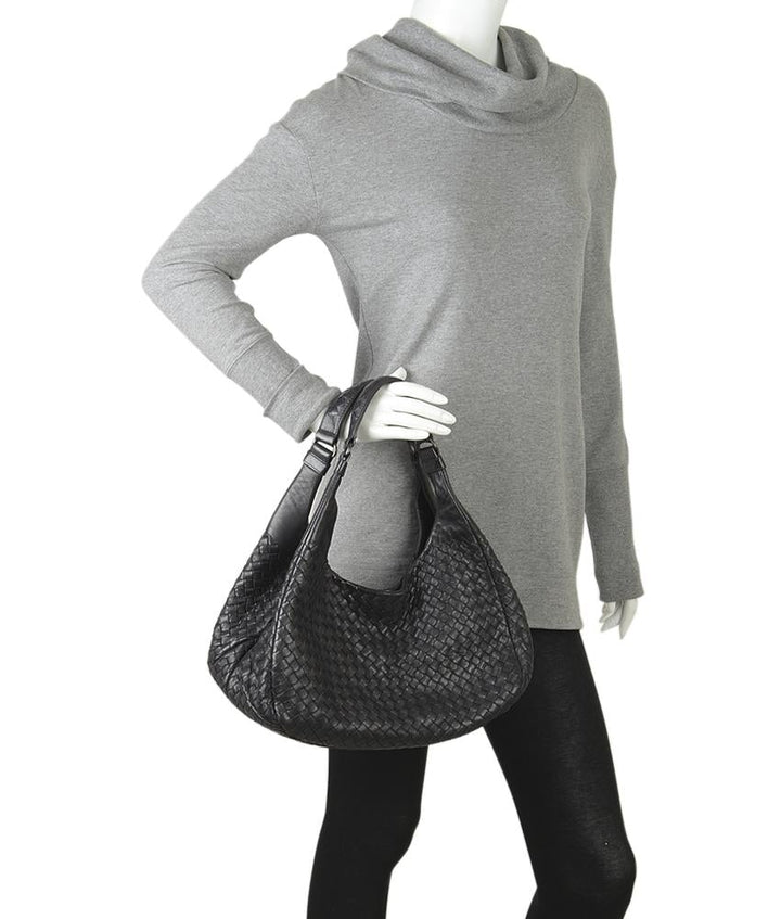 Bottega Veneta Medium Campana Black Intrecciato Leather Shoulder Bag