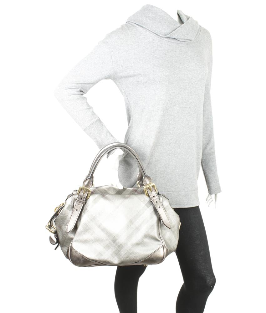 Burbe**y Grey Smoked Check Coated Canvas Satchel Bag