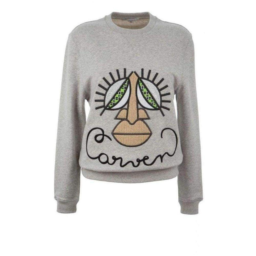 Carven-Carven Woven Gray Cotton Embroidered Face Sweatshirt - Runway Catalog