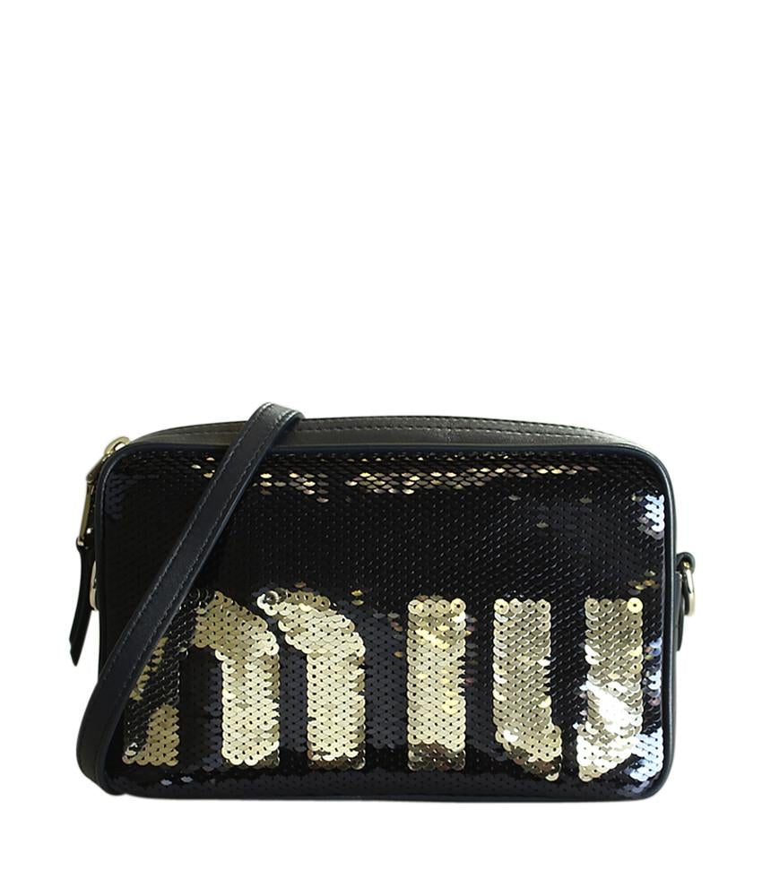 Miu Miu 5BH118 Sequin Logo & Blue Leather Crossbody Bag