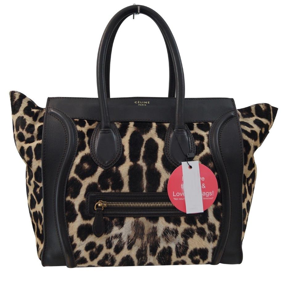 Céline Luggage Leopard Print Tote Brown Ponyhair Leather Shoulder Bag