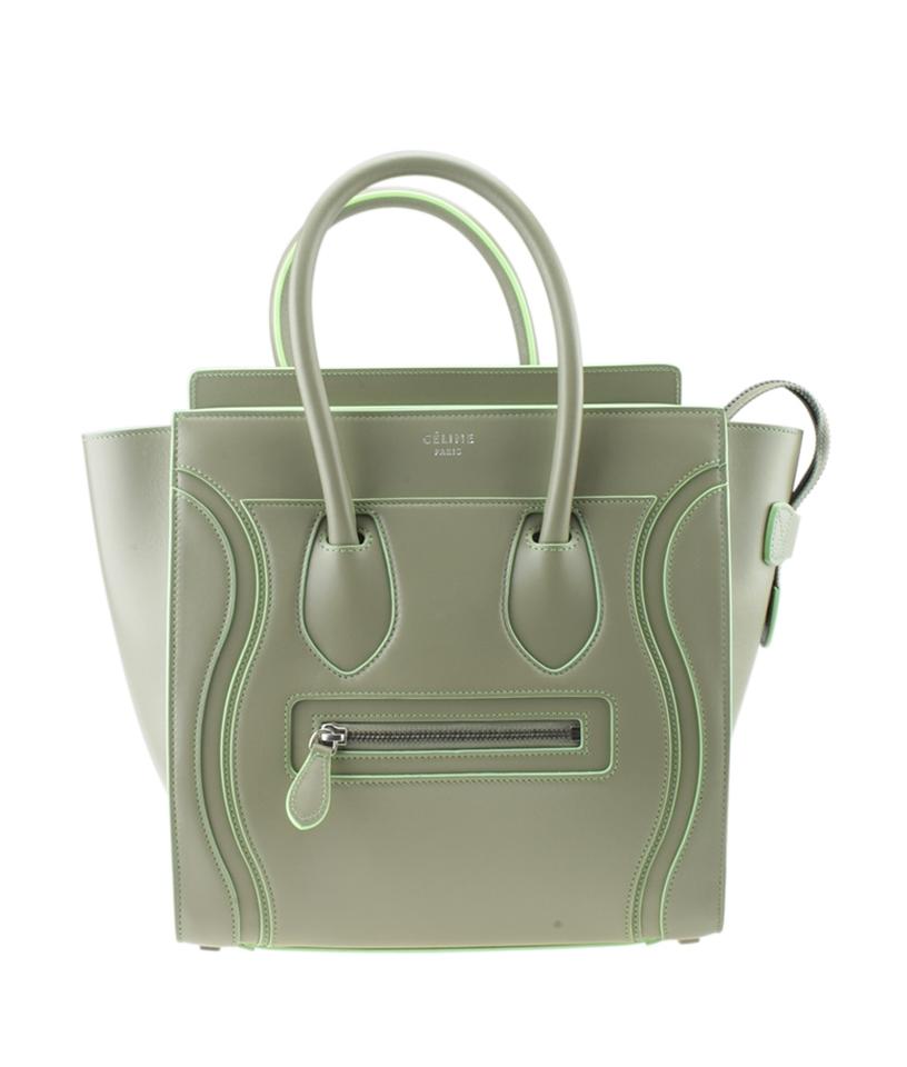Céline Luggage Micro Beige & Green Trim Greyxgreen Leather Tote