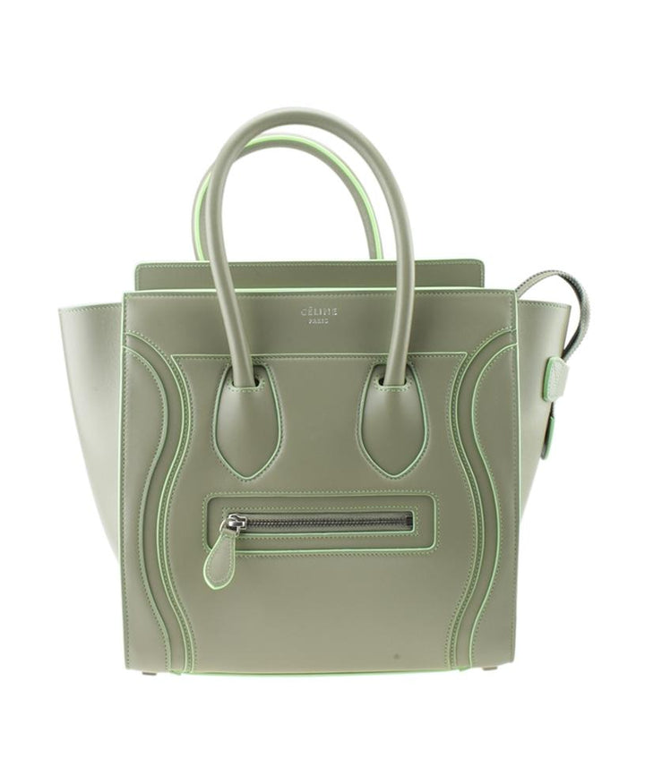 Céline Luggage Micro Beige & Green Trim Greyxgreen Leather Tote