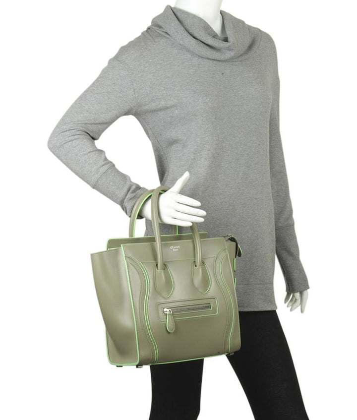 Céline Luggage Micro Beige & Green Trim Greyxgreen Leather Tote