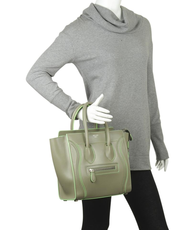 Céline Luggage Micro Beige & Green Trim Greyxgreen Leather Tote