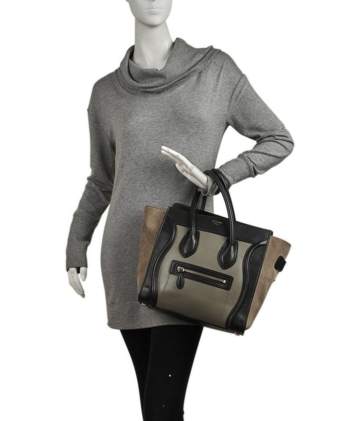 Céline Luggage Micro Black Color Block Leather & Suede Tanxgreenxblack Leatherxsuede Tote