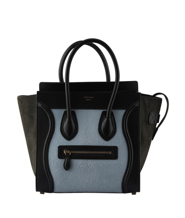 Céline Luggage Micro Pony Hair & Leather Blackxgreenxblue Calf Hairxleather Tote