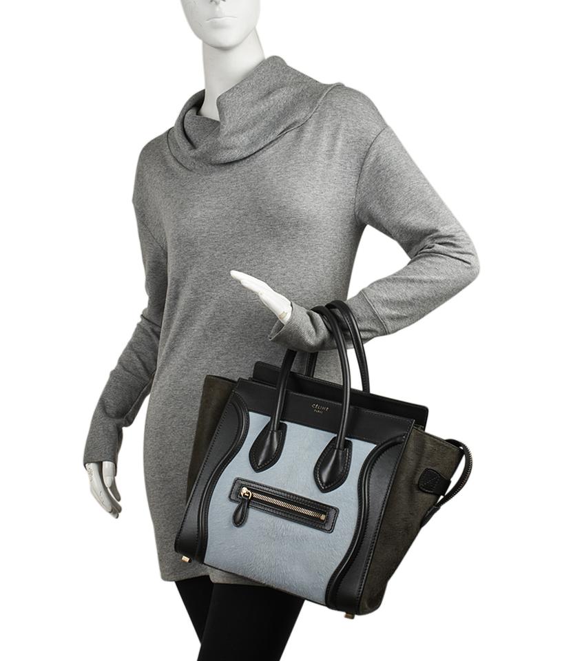 Céline Luggage Micro Pony Hair & Leather Blackxgreenxblue Calf Hairxleather Tote
