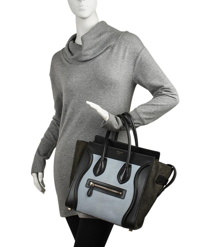 Céline Luggage Micro Pony Hair & Leather Blackxgreenxblue Calf Hairxleather Tote