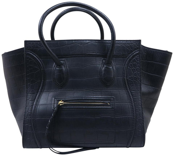 Céline Cabas Phantom Luggage Medium Croc Embossed Black Calfskin Leather Tote