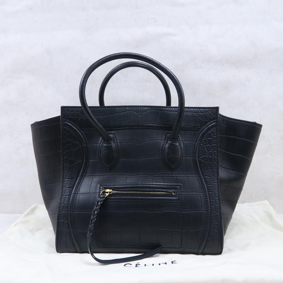 Céline Cabas Phantom Luggage Medium Croc Embossed Black Calfskin Leather Tote