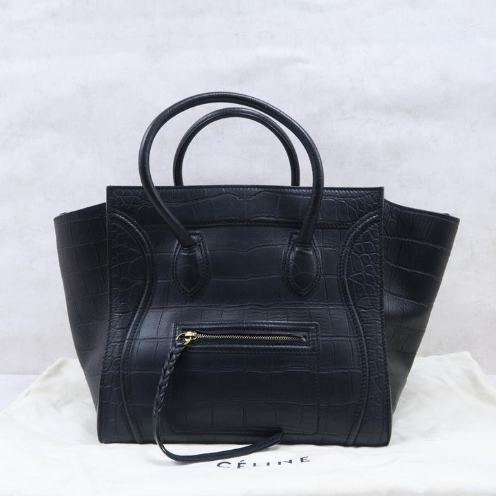 Céline Cabas Phantom Luggage Medium Croc Embossed Black Calfskin Leather Tote