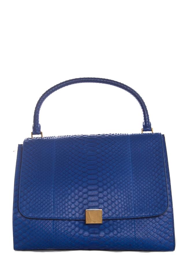 Céline Luggage Phantom Trapeze Royal Python Handle Blue Snakeskin Leather Tote