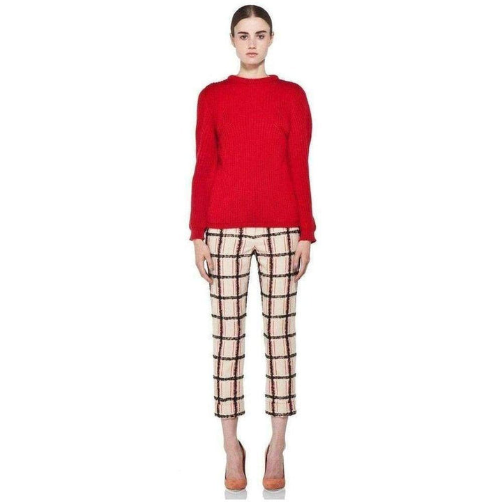 Beige Mohair Trim Check Cropped Pants