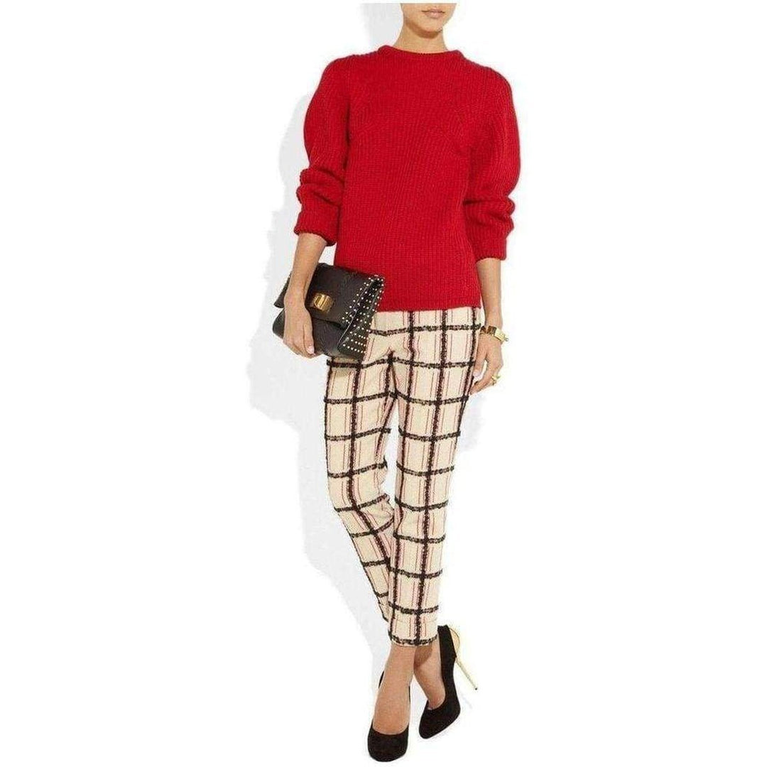 Beige Mohair Trim Check Cropped Pants