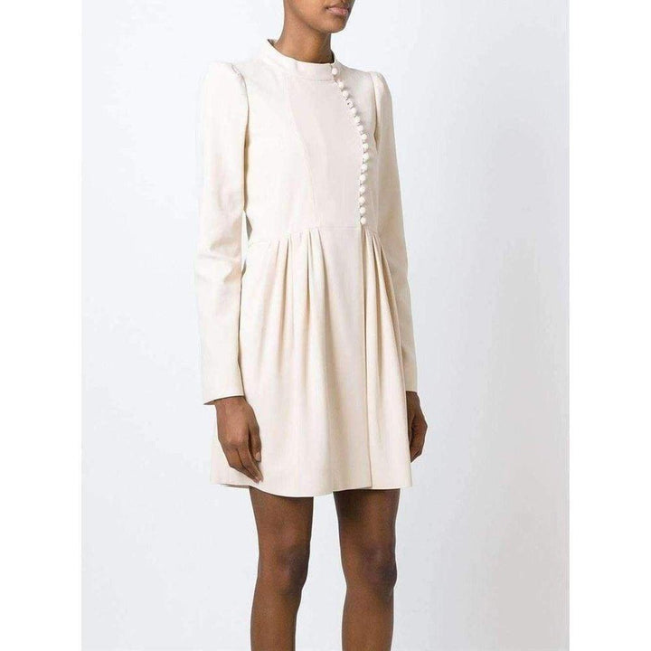 Beige Silk Blend Asymmetric Fastening Flared Dress