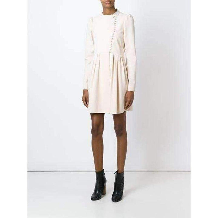 Beige Silk Blend Asymmetric Fastening Flared Dress