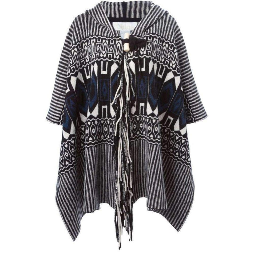 Chloé-Intarsia Hooded Cape Poncho in Graphic Knit Embellished with Fringes - Runway Catalog