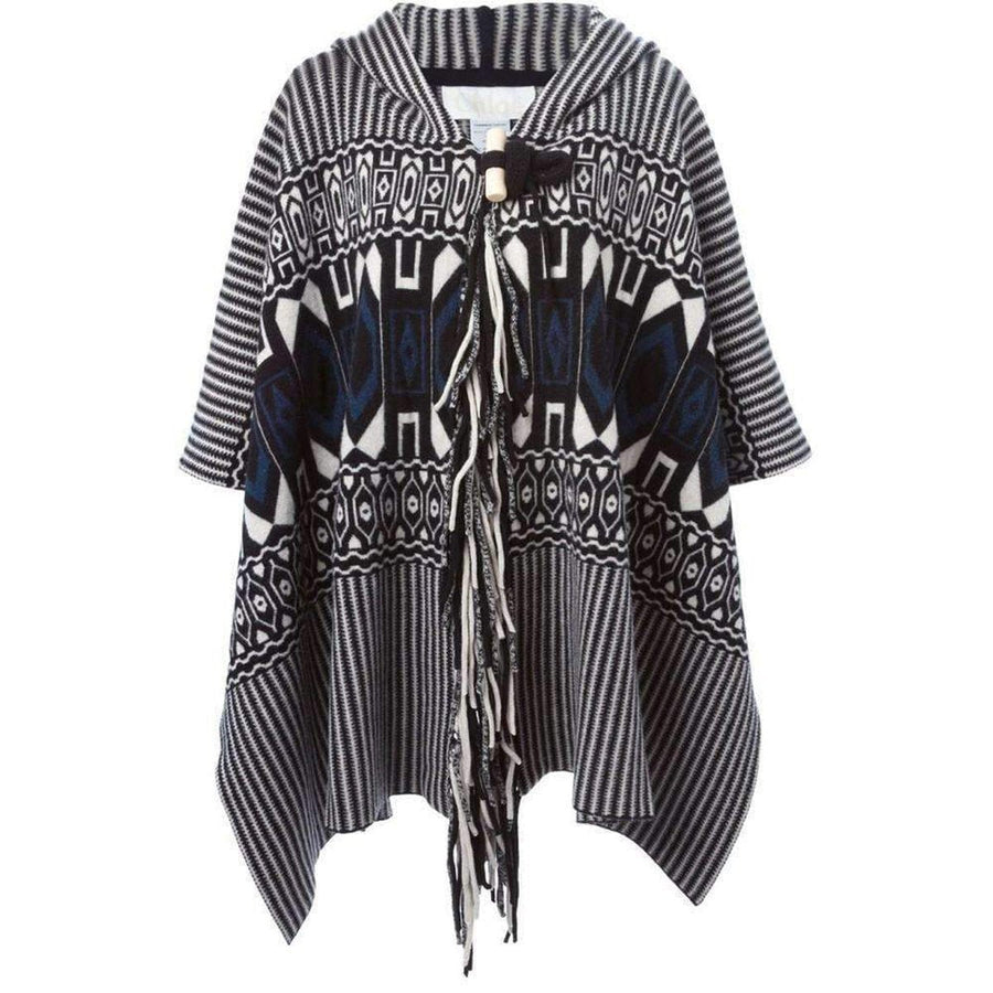Chloé-Intarsia Hooded Cape Poncho in Graphic Knit Embellished with Fringes - Runway Catalog