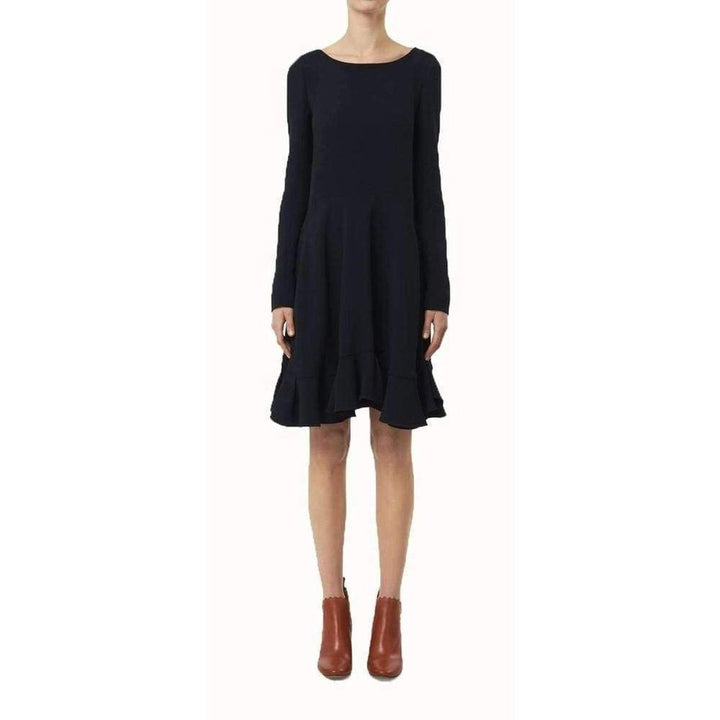 Navy Blue Silk Blend Ruffle Silk Dress