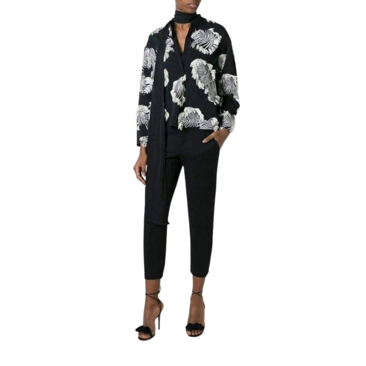 Palm Jacquard Black White Silk Blend Blouse