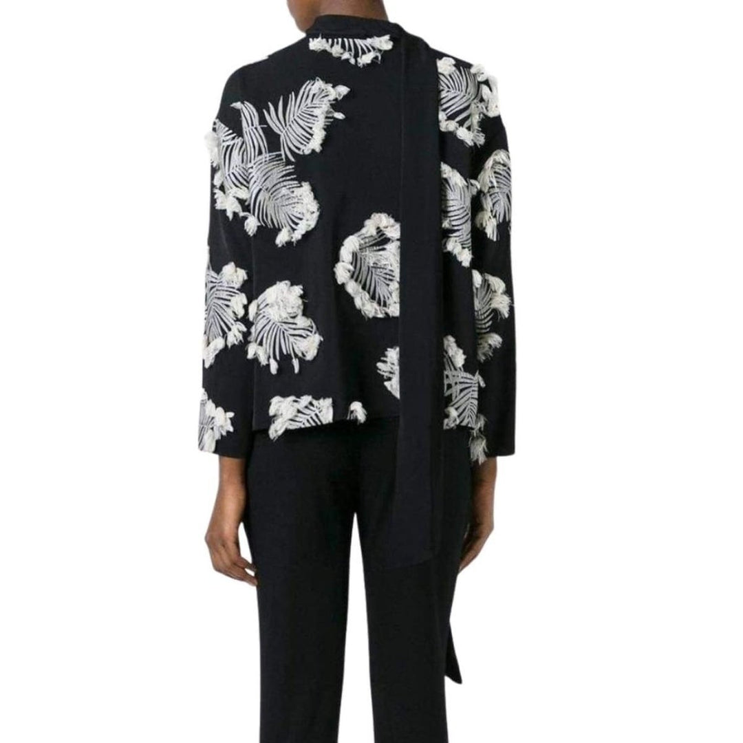Palm Jacquard Black White Silk Blend Blouse