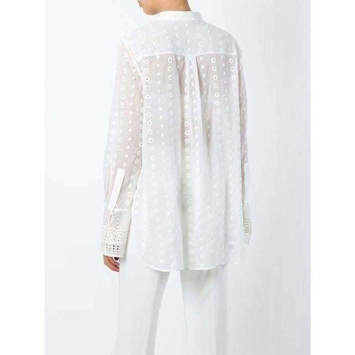White Cotton Embroidered Long Sleeve Shirt