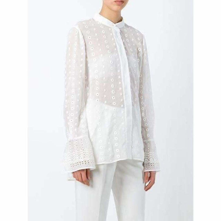 White Cotton Embroidered Long Sleeve Shirt