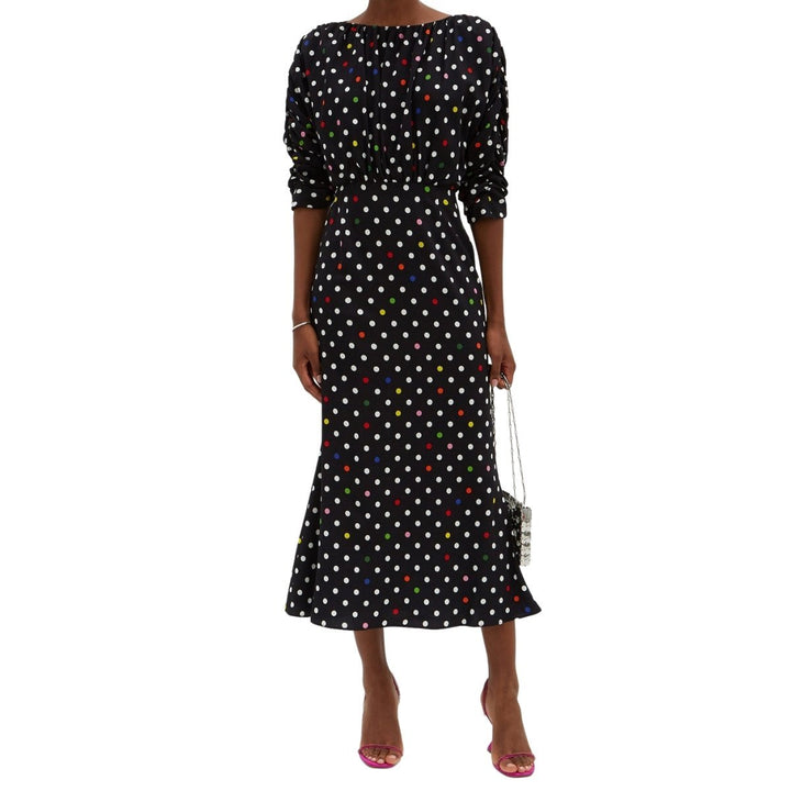 Rainbow Polka Dot Gathered Midi Dress