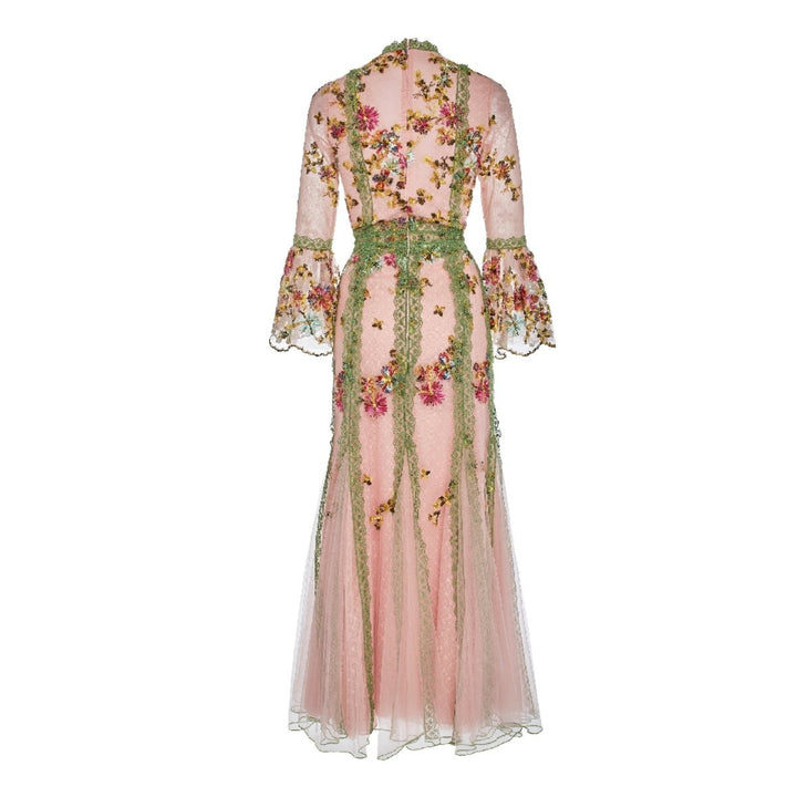 Lace-trimmed Embroidered Tulle Gown