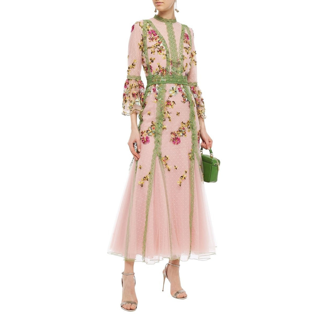 Lace-trimmed Embroidered Tulle Gown