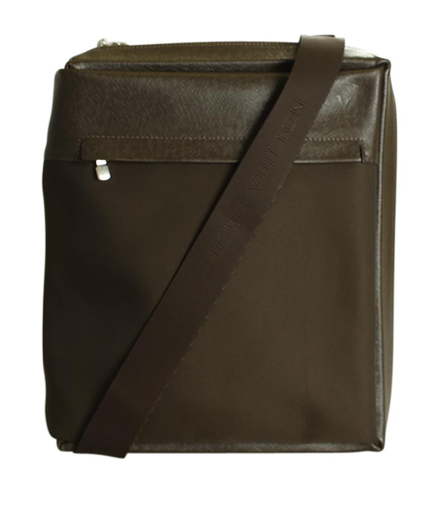 L*V Sayan Brown Taiga Leather & Canvas Crossbody Bag