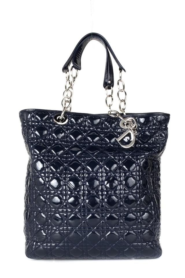 Di**r Christian Cannage Shopper Tote Navy Patent Soft Shoulder Bag