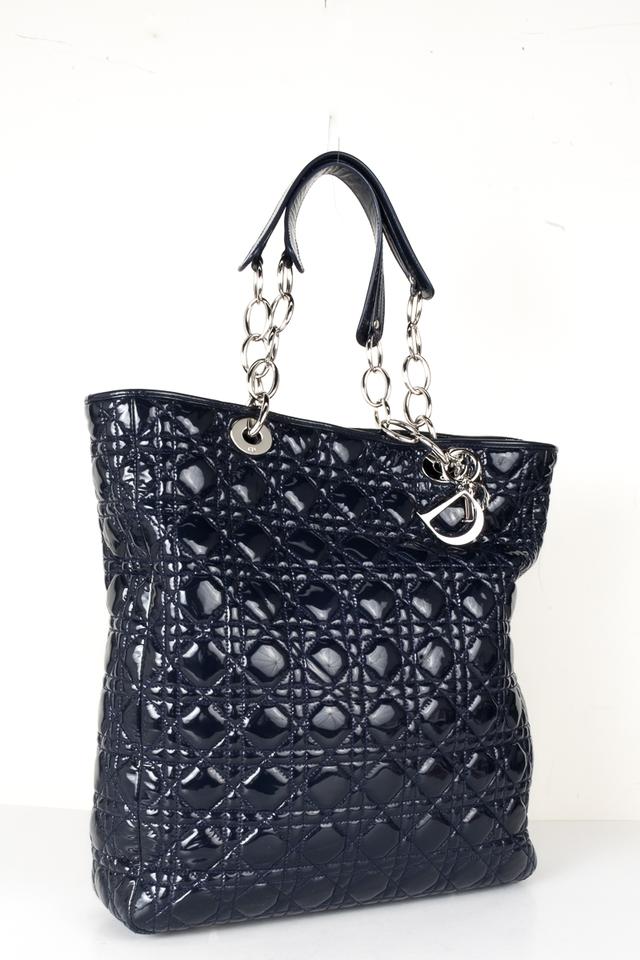 Di**r Christian Cannage Shopper Tote Navy Patent Soft Shoulder Bag