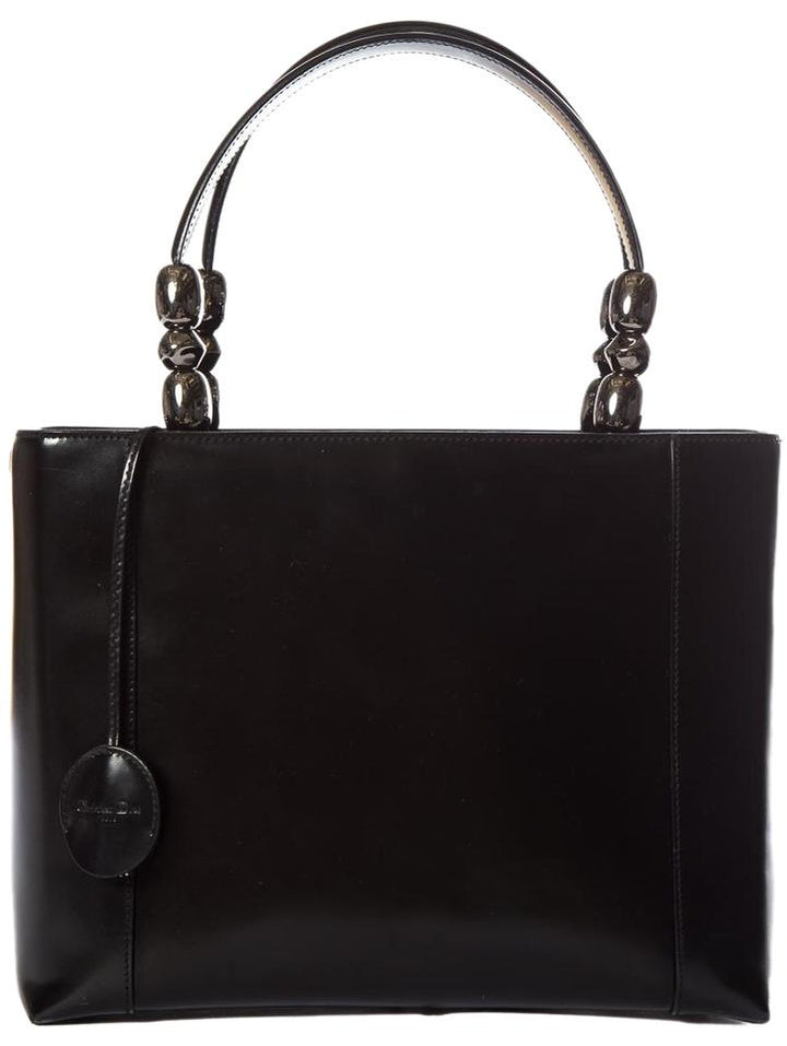 Di**r Christian Chrome Beaded Malice Handle Black Leather Tote