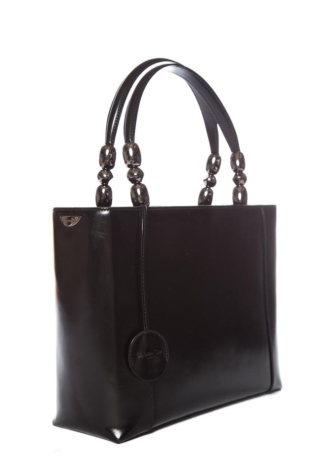 Di**r Christian Chrome Beaded Malice Handle Black Leather Tote